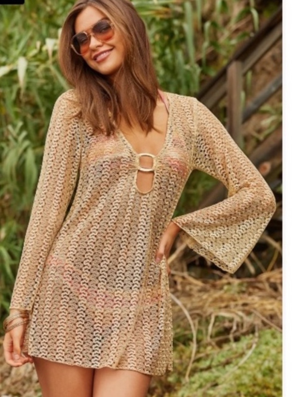 BECCA Sheer Metallic Cover Up Dress in Gold Size small